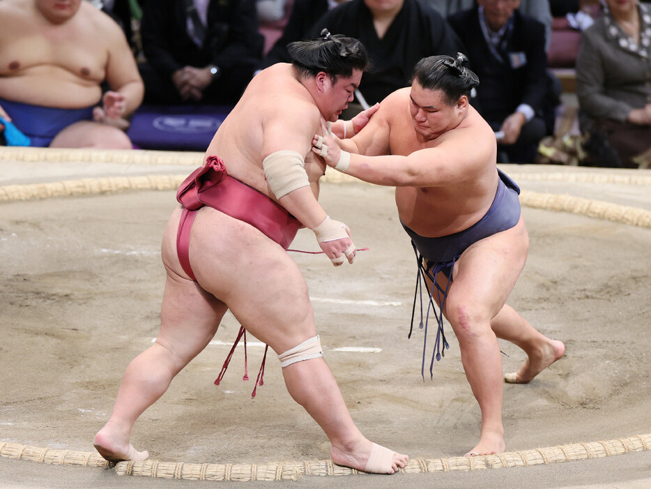 大相撲九州場所１１日目。豊昇龍（右）は大栄翔を押し出しで下す＝２０日、福岡国際センター