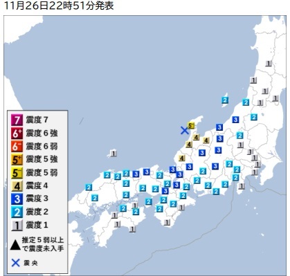 26日午後10時51分発表の震度図（石川県西方沖地震、気象庁HPから）