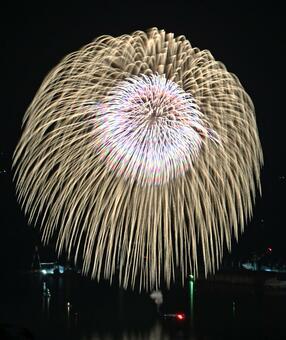 伊万里湾に上がった大輪の花火＝２３日夜、伊万里市の竹の古場公園から望む