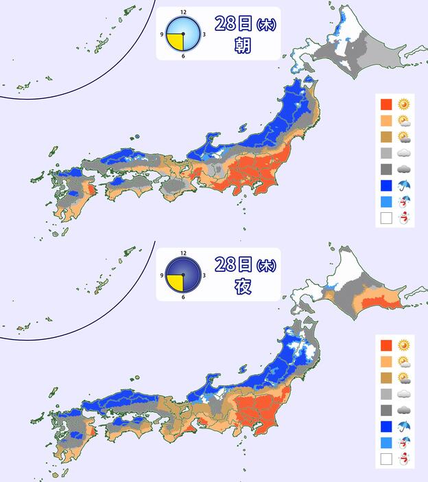 28日(木)の朝と夜の天気分布