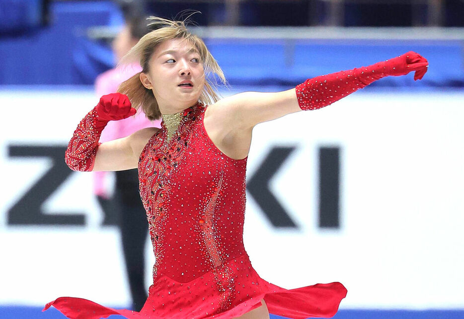 公式練習を行った坂本花織（カメラ・今成　良輔）