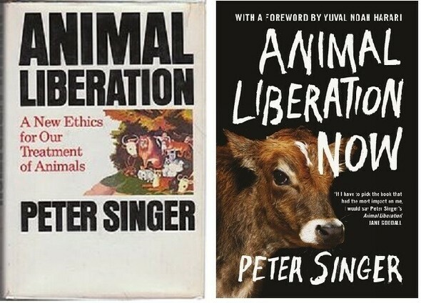 動物運動の理論的基盤となった1975年初版『動物の解放』（左）と昨年全面改訂されて出版された『今の時代の動物の解放（原題）』