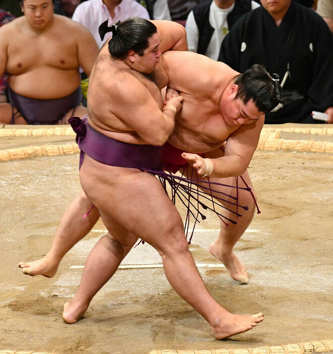 大相撲九州場所3日目　遠藤（右）は狼雅を寄り倒しで破る（撮影・岩下翔太）