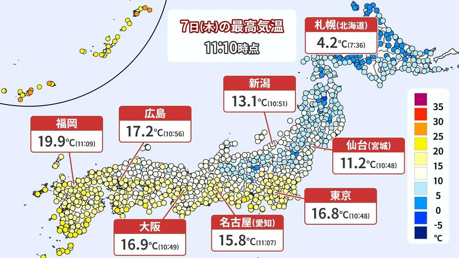 きょう7日午前11時10分までの最高気温。