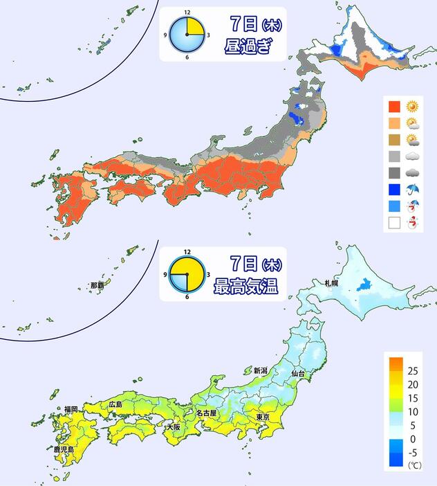 上：きょう昼過ぎの予想天気分布、下：きょうの予想最高気温分布。