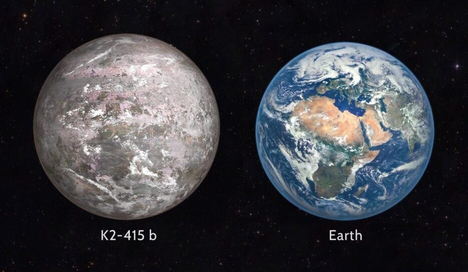 地球からもっとも近い「ハビタブル」な惑星「K2-415b」と地球の大きさを比較したイラスト（Credit: Martin Vargic / Halcyon Maps）