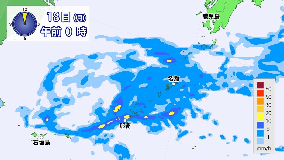 18日(月)午前0時の雨の予想