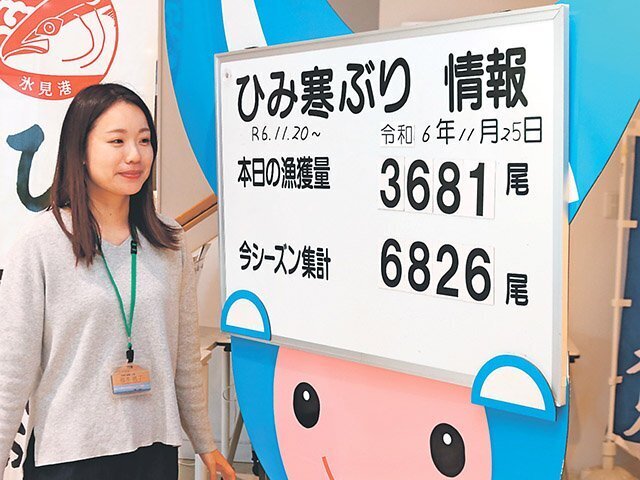 「ひみ寒ぶり」の漁獲量を知らせる掲示板＝氷見市役所