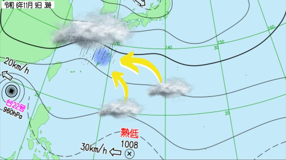 9日午前3時の気圧配置（気象庁HP資料にRBCが加工）