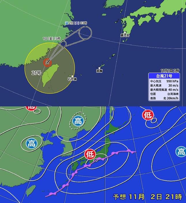 台風21号の予想進路と11月2日21時の予想天気図