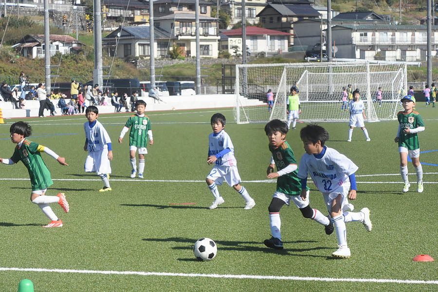 人工芝のグラウンドを駆け回る選手ら