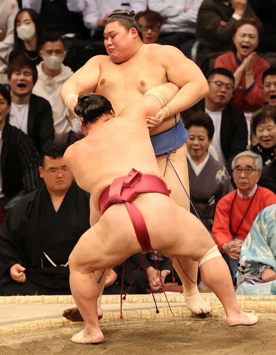 ＜大相撲九州場所10日目＞〇大栄翔（寄り切り）大の里●　大栄翔（手前）に寄り切りで敗れる大の里（撮影・椎名　航）