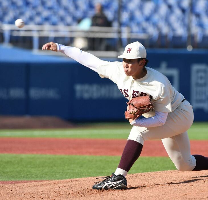 明大を完封した早大・伊藤樹＝神宮球場（撮影・高橋朋彦）