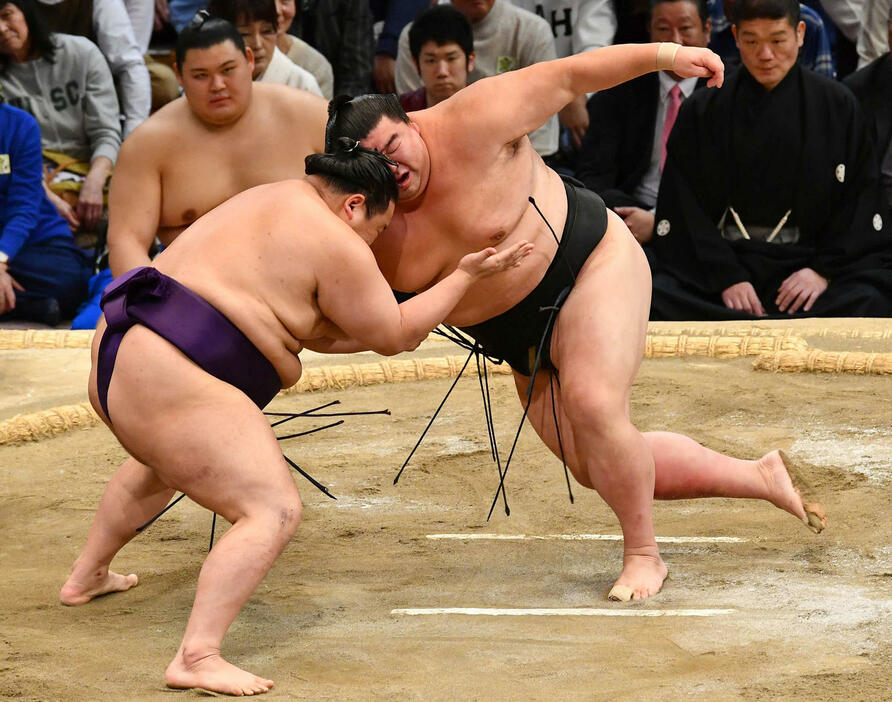 大相撲九州場所14日目　腰砕けで美ノ海（左）に敗れた正代（撮影・岩下翔太）