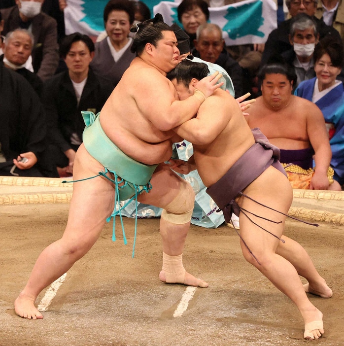 翔猿（右）と激しくぶつかる琴桜（撮影・椎名　航）