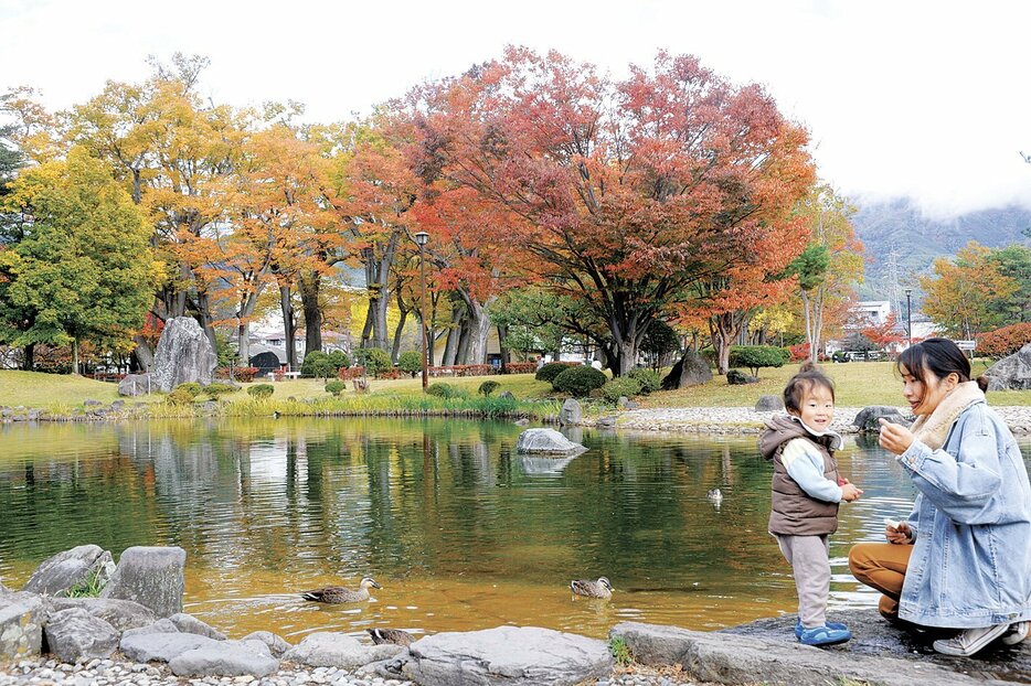 木々が色づき、紅葉が見頃を迎えているあがたの森公園