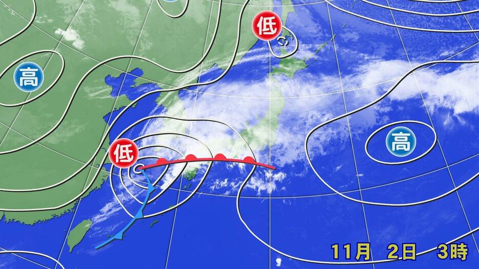 2日午前3時の実況天気図と気象衛星画像