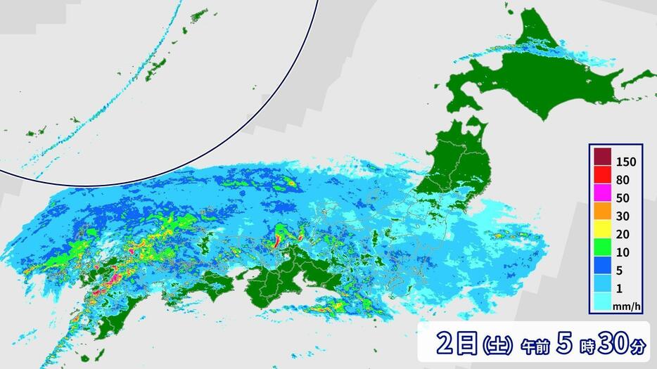 2日午前5時30分の雨雲の様子（高解像度ナウキャスト）