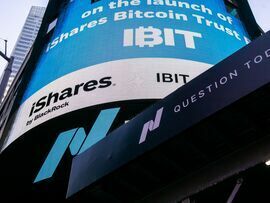 Blackrock iShares Bitcoin Trust ETF (IBIT) signage at the Nasdaq MarketSite in New York. Photographer: Michael Nagle/Bloomberg