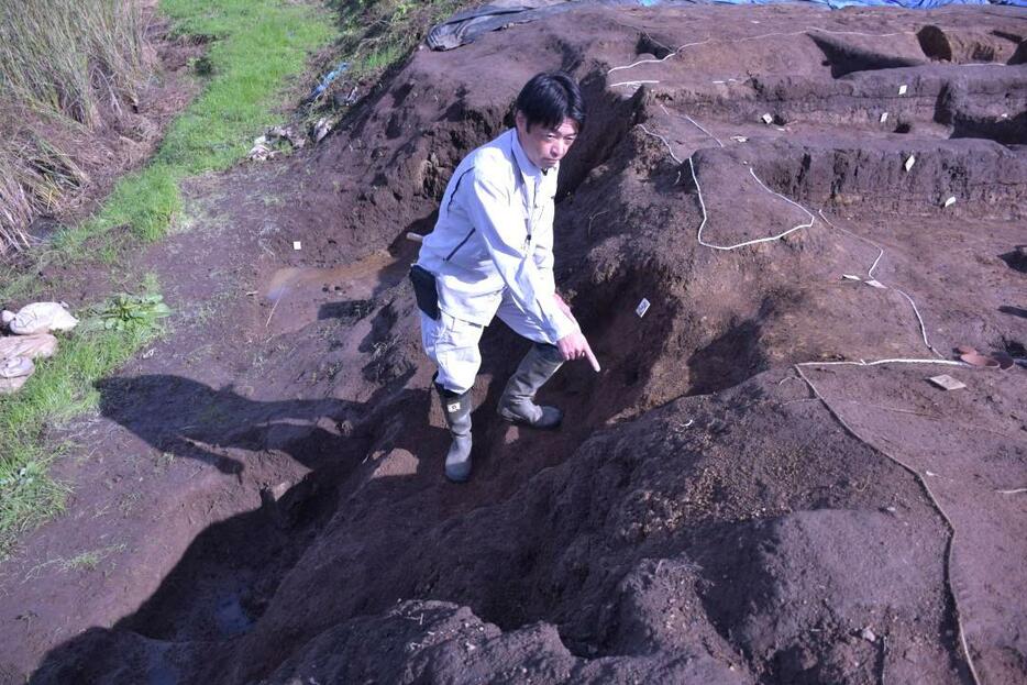 本年度の調査で見つかった階段跡。左側に堀、右側に竪穴状の遺構がある=桜川市真壁町古城