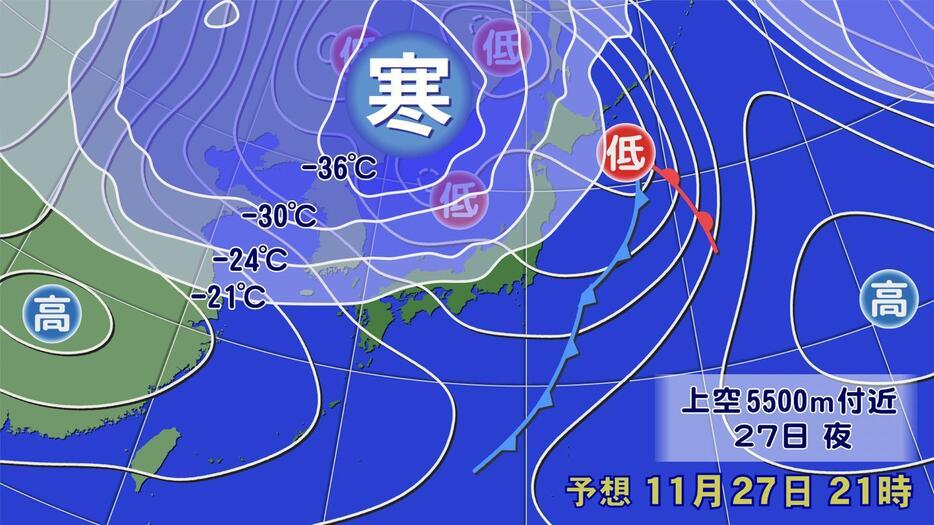 27日(水)午後9時の予想天気図と上空の寒気