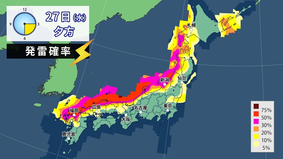 27日(水)夕方の発雷確率