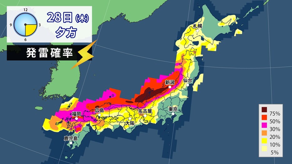 28日(木)夕方の発雷確率