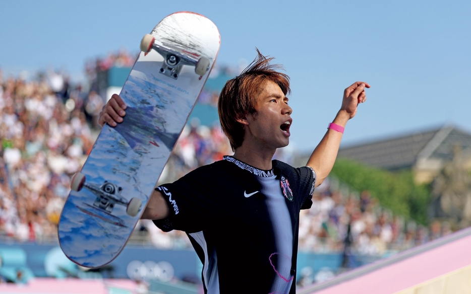 パリ五輪のスケートボード男子ストリートの決勝、堀米は叫び声をあげた。Photo by Cameron Spencer / Getty Images