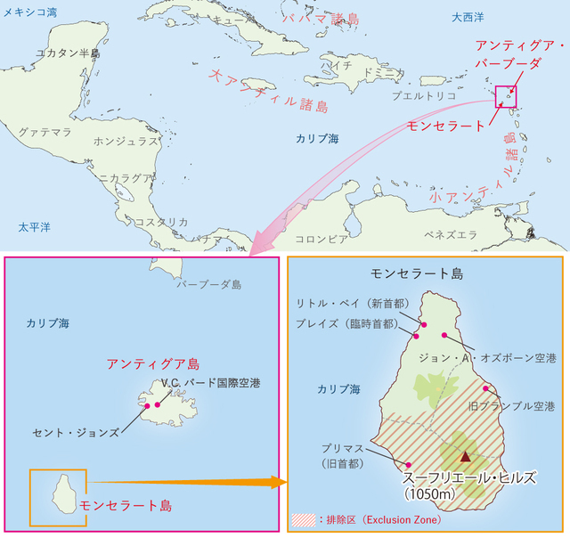 カリブ海の小アンティル諸島とモンセラート島の位置