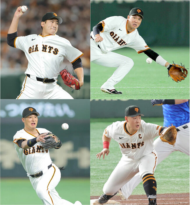 （左下から時計回りに）二塁手・吉川、投手・菅野、三塁手・坂本、一塁手・岡本和