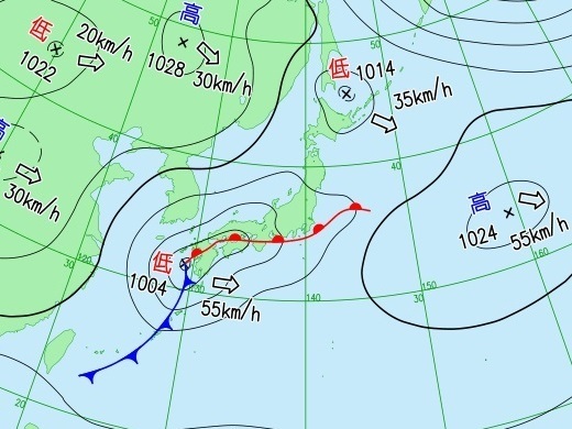 ひものような細長い雲が見られたときの天気図＝気象庁のホームページから