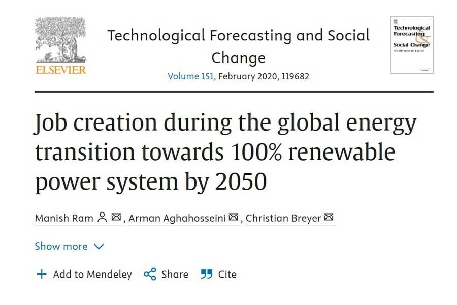 論文「Job creation during the global energy transition towards 100% renewable power system by 2050（2050年までに100%再生可能電力システムを目指す世界的なエネルギー転換における雇用創出）」（画像：Technological Forecasting and Social Change）