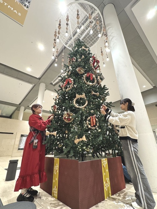 ツリーに静岡挽物の装飾品を飾り付ける学生＝静岡市駿河区のグランシップ