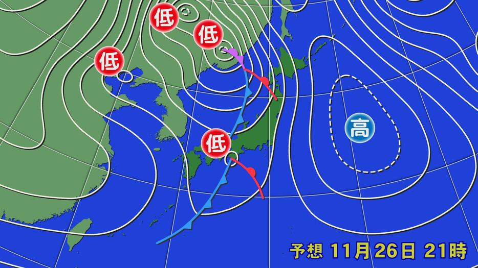 26日(火)午後9時の予想天気図