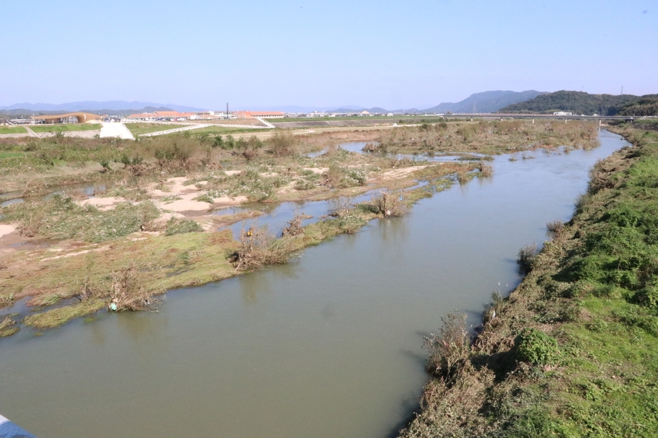 国土交通省岡山河川事務所が自然再生に乗り出す小田川。西日本豪雨後の治水対策が一段落し、魚が生息できる環境づくりを目指す＝倉敷市真備町地区