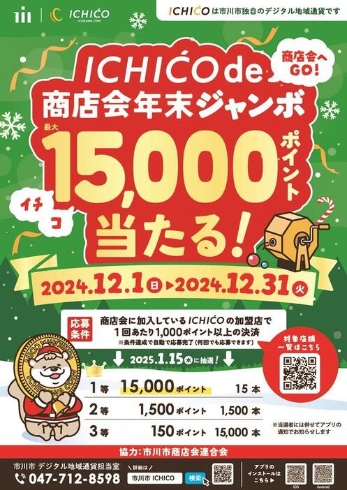 抽選で最大15000ポイントのイチコが当たる「年末ジャンボ」のポスター。対象の店に張り出される（市川市提供）