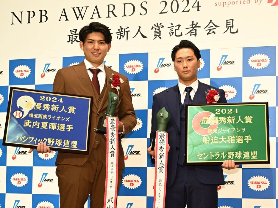 新人王を受賞した西武・武内夏暉（左）と巨人・船迫大雅（カメラ・竹松　明季）