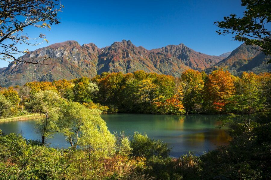 色とりどりの紅葉に縁取られた白池と海谷山塊の眺め（2024年11月4日撮影：杉村航）