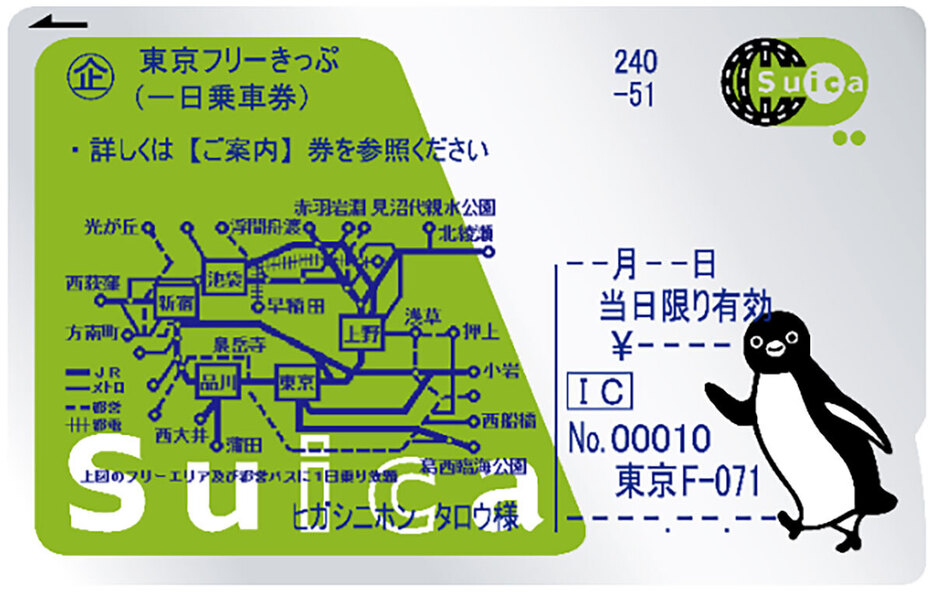 こちらは一日乗車券の「東京フリーきっぷ」。Suica券面に乗車できるエリアや条件などが表示されています（画像はJR東日本プレスリリースより引用）