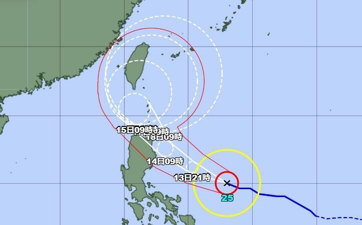 台風25号の13日午前9時現在の予想経路図（気象庁HPより）