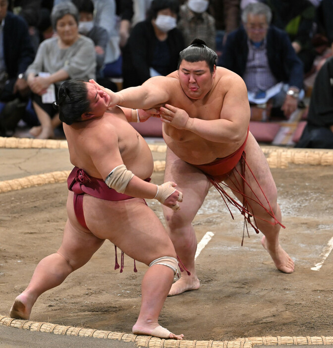 熱海富士（右）は押し出しで大栄翔を破る＝１２日、福岡国際センター