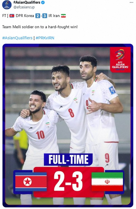 AFCアジア杯公式X（@afcasiancup）から。北朝鮮に勝利し喜ぶイラン代表イレブン