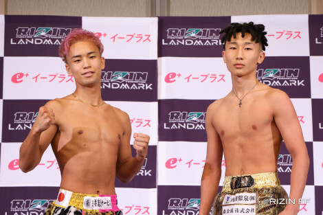 『RIZIN LANDMARK 10 in NAGOYA』で対戦するとしぞう（左）とJIN（C）RIZIN FF