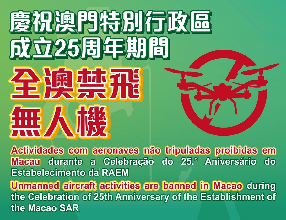 マカオ返還25周年記念日前後の9日間にわたりマカオ全域でドローン使用禁止に（図版：AACM）