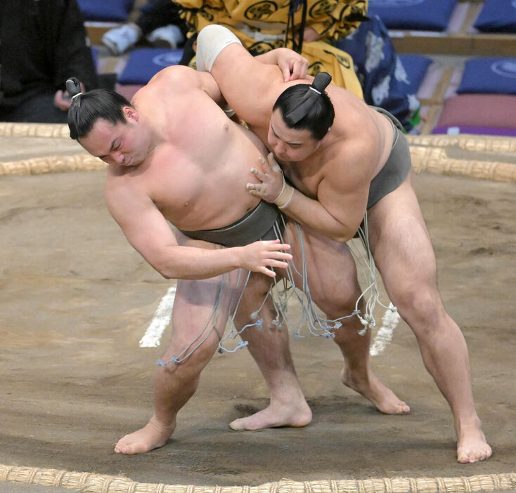 漣（右）に送り出しで敗れ１勝６敗で場所を終えた須山（カメラ・今西　淳）　