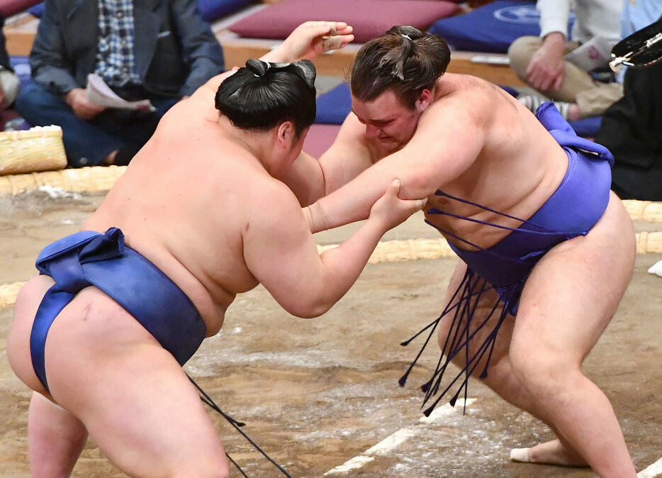 藤青雲（左）を攻める安青錦（撮影・岩下翔太）