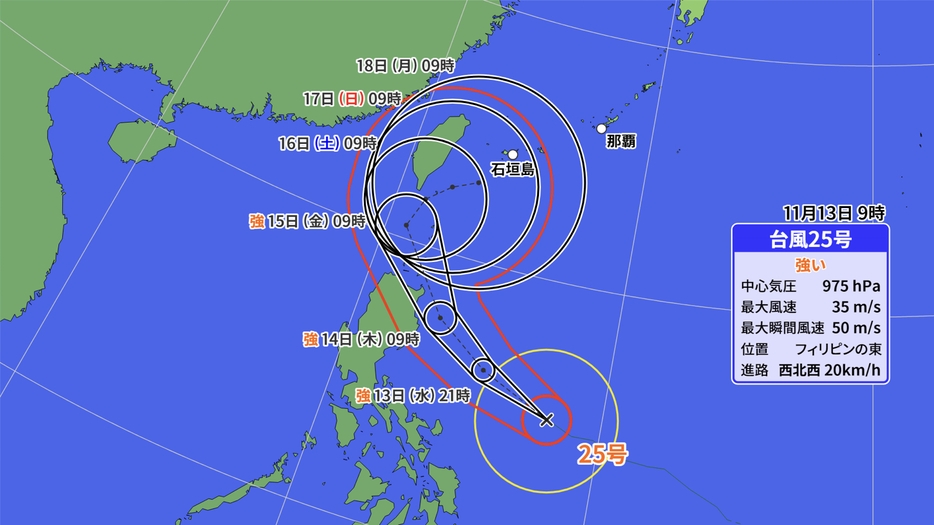 13日(水)午前9時の台風25号の位置と予想進路