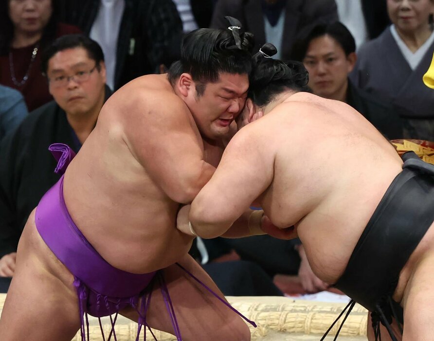 尊富士（左）は明生を押し倒して８勝目を挙げた