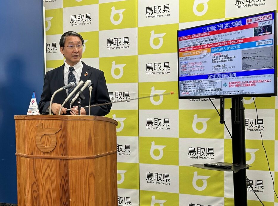 記者会見で「103万円の壁」引き上げなどによる県内自治体への影響を説明する平井知事