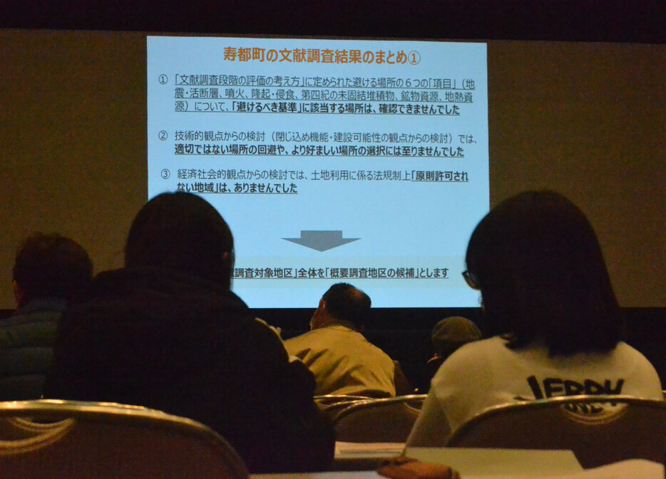 「文献調査」の報告書について、原子力発電環境整備機構（ＮＵＭＯ）が開催した住民説明会＝３０日午後、北海道寿都町